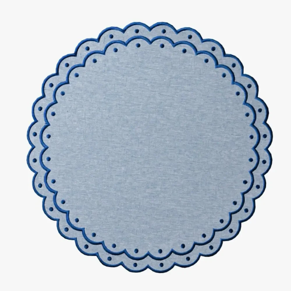 Table Two Studio Avalon Placemat Set Embroidered Chambray Linen Scalloped